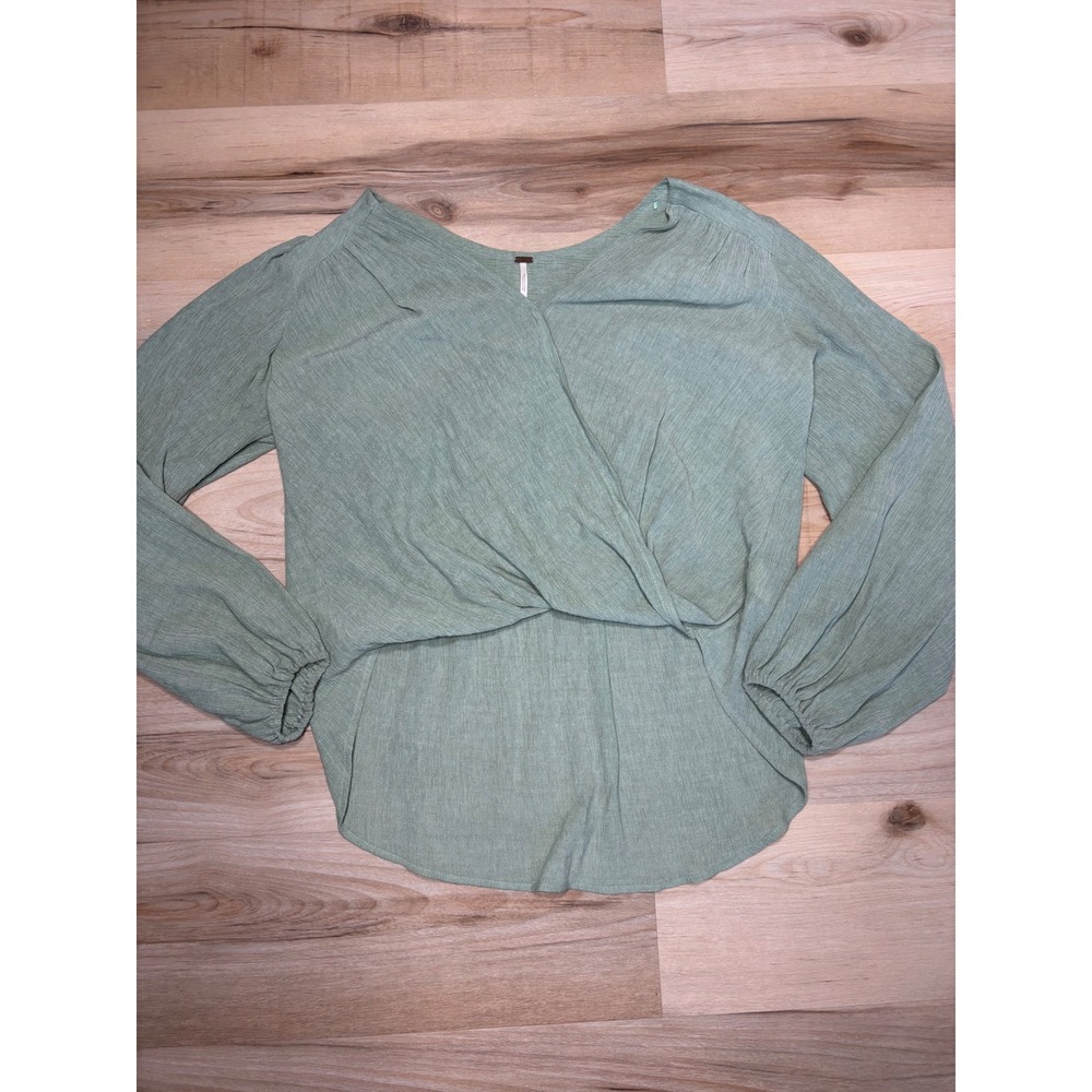 Free People Sage Green Textured Surplice Wrap V-Neck High-Low Blouse Top - Picture 2 of 10